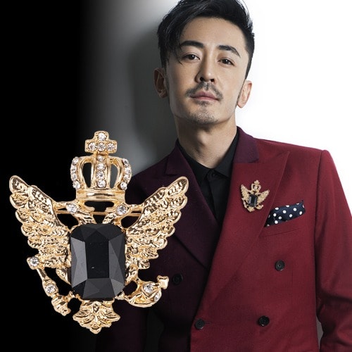 Double Eagle Badge With Black Crystal Stone Brooch