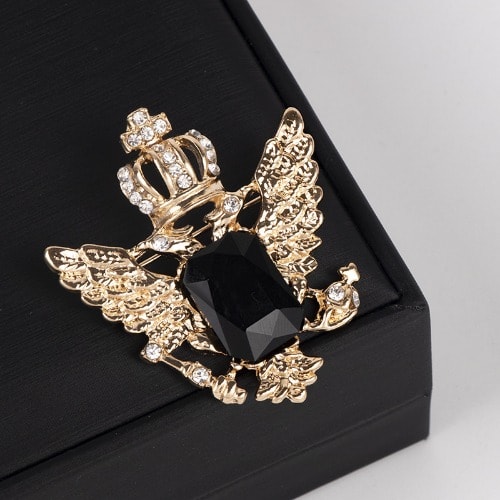 Double Eagle Badge With Black Crystal Stone Brooch