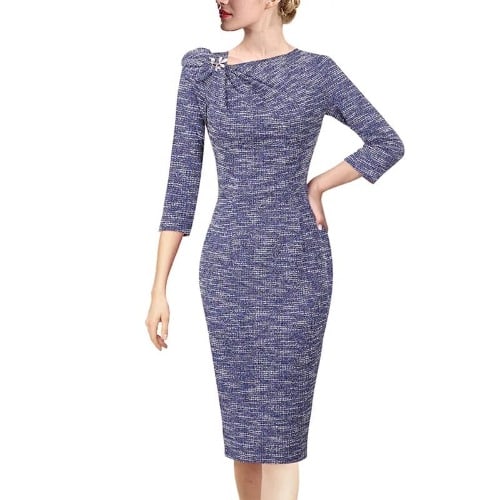 Bow Ruched Sleeve Pencil Dress- Blue