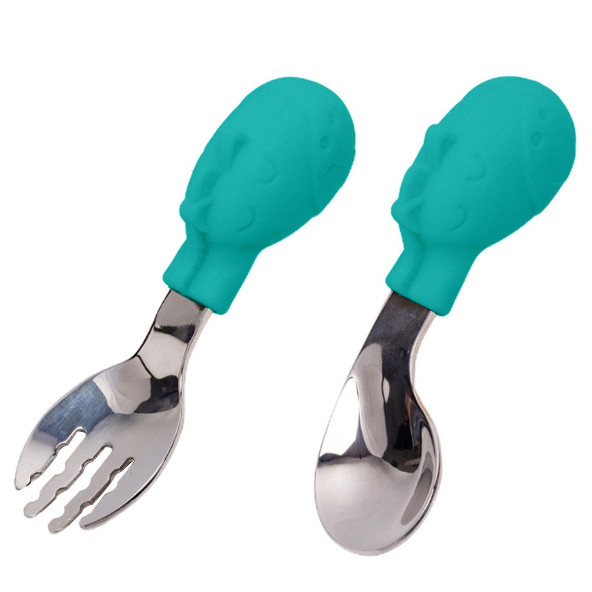 1 Set Feeding Fork Spoon Utensil Stainless Steel Baby Toddler Dinnerware Green