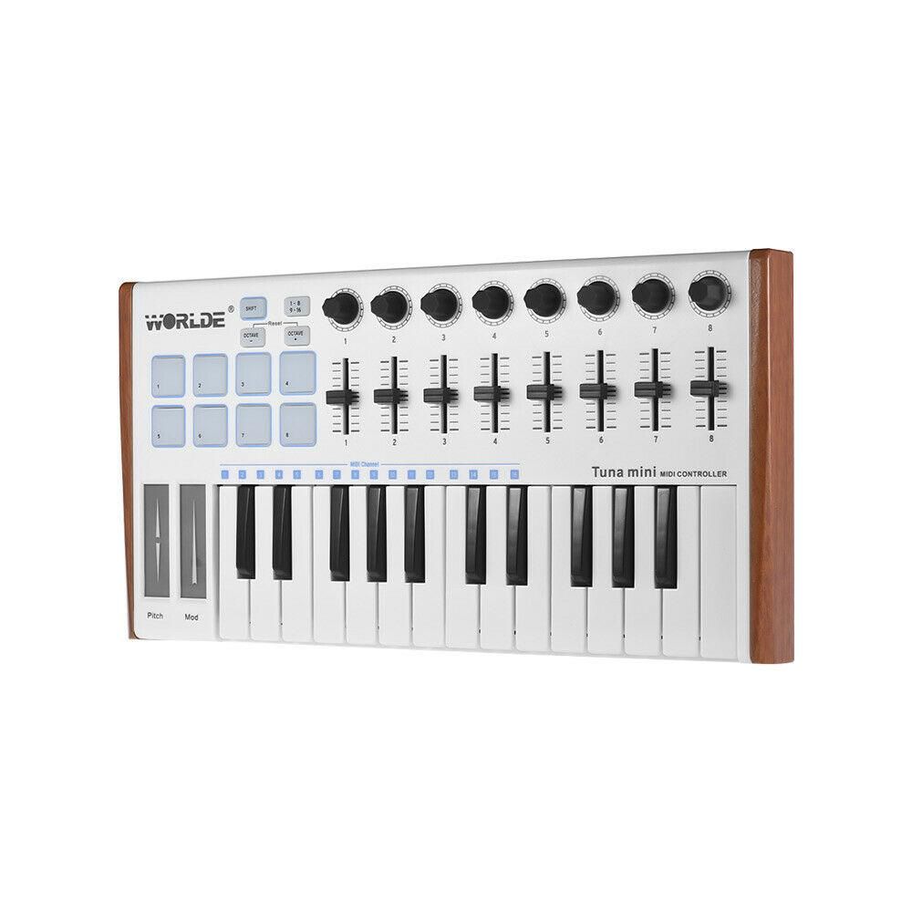 WORLDE TUNA MINI Ultra-Portable 25-Key USB MIDI Keyboard Controller 8 RGB Backlit Trigger Pads with 6.35mm Pedal Jack