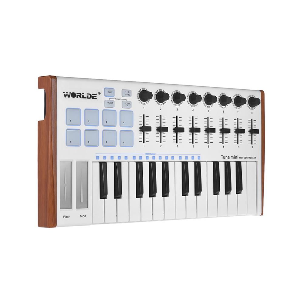 WORLDE TUNA MINI Ultra-Portable 25-Key USB MIDI Keyboard Controller 8 RGB Backlit Trigger Pads with 6.35mm Pedal Jack