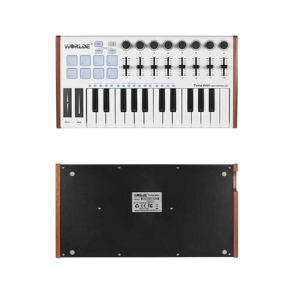 WORLDE TUNA MINI Ultra-Portable 25-Key USB MIDI Keyboard Controller 8 RGB Backlit Trigger Pads with 6.35mm Pedal Jack