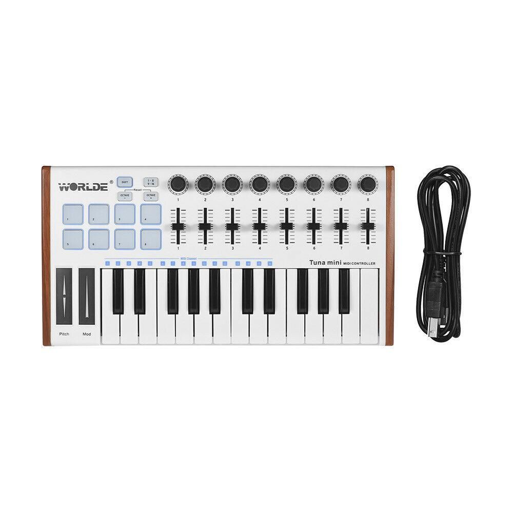 WORLDE TUNA MINI Ultra-Portable 25-Key USB MIDI Keyboard Controller 8 RGB Backlit Trigger Pads with 6.35mm Pedal Jack