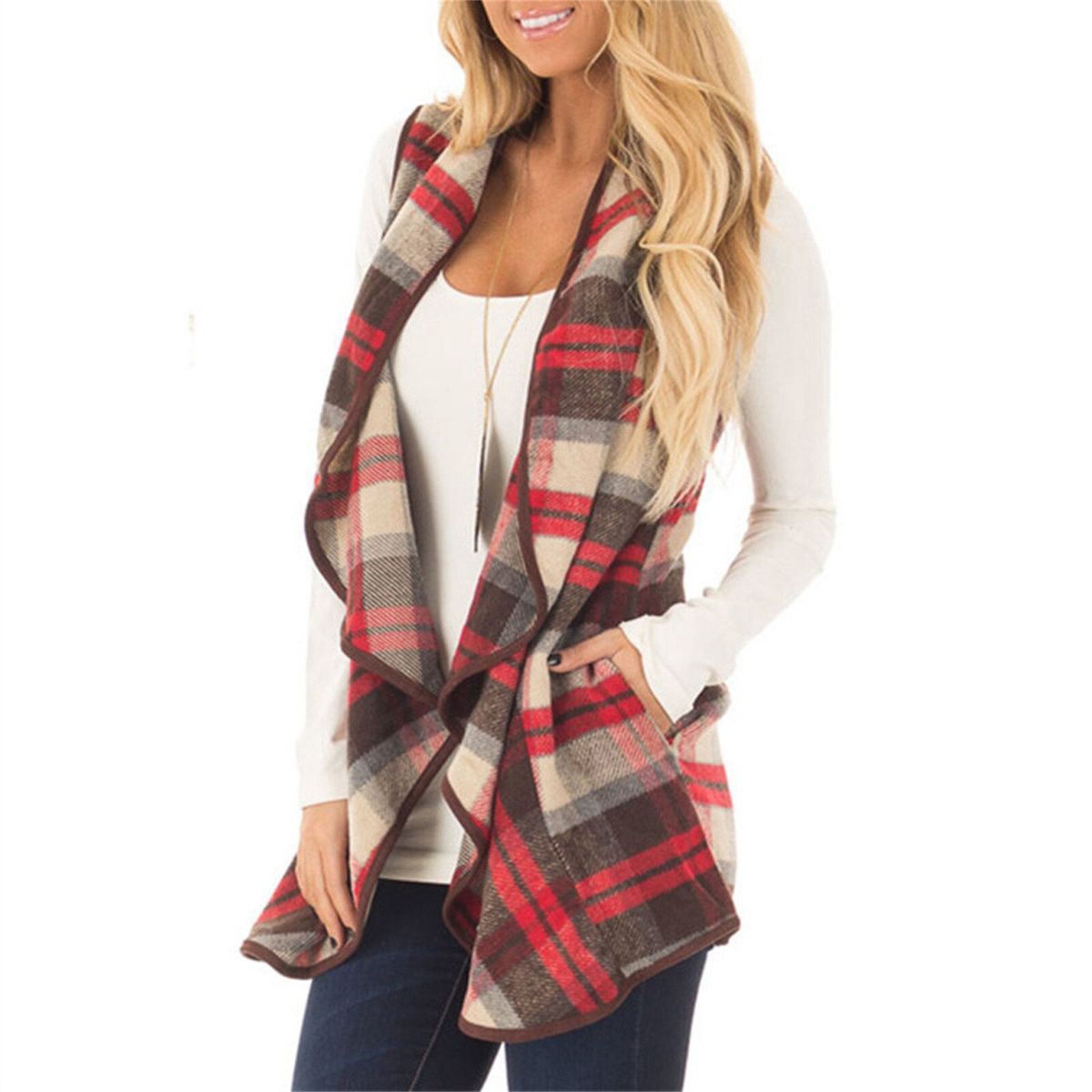 2022 Spring Autumn Womens Sleeveless Vest Jacket Long Coat Lapel Open Front Cardigan Gilets Vest Outwear Coat Cardigan Waistcoat