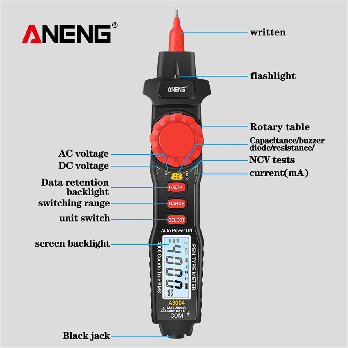 ANENG A3004 Digital Pen Multimeter Auto Range NCV AC/DC Voltmeter Ammeter Ohmmeter Resistance Meter with Capacitance Diode Test Continuity Alarm Backlit LCD Screen with Data Hold Flashlight