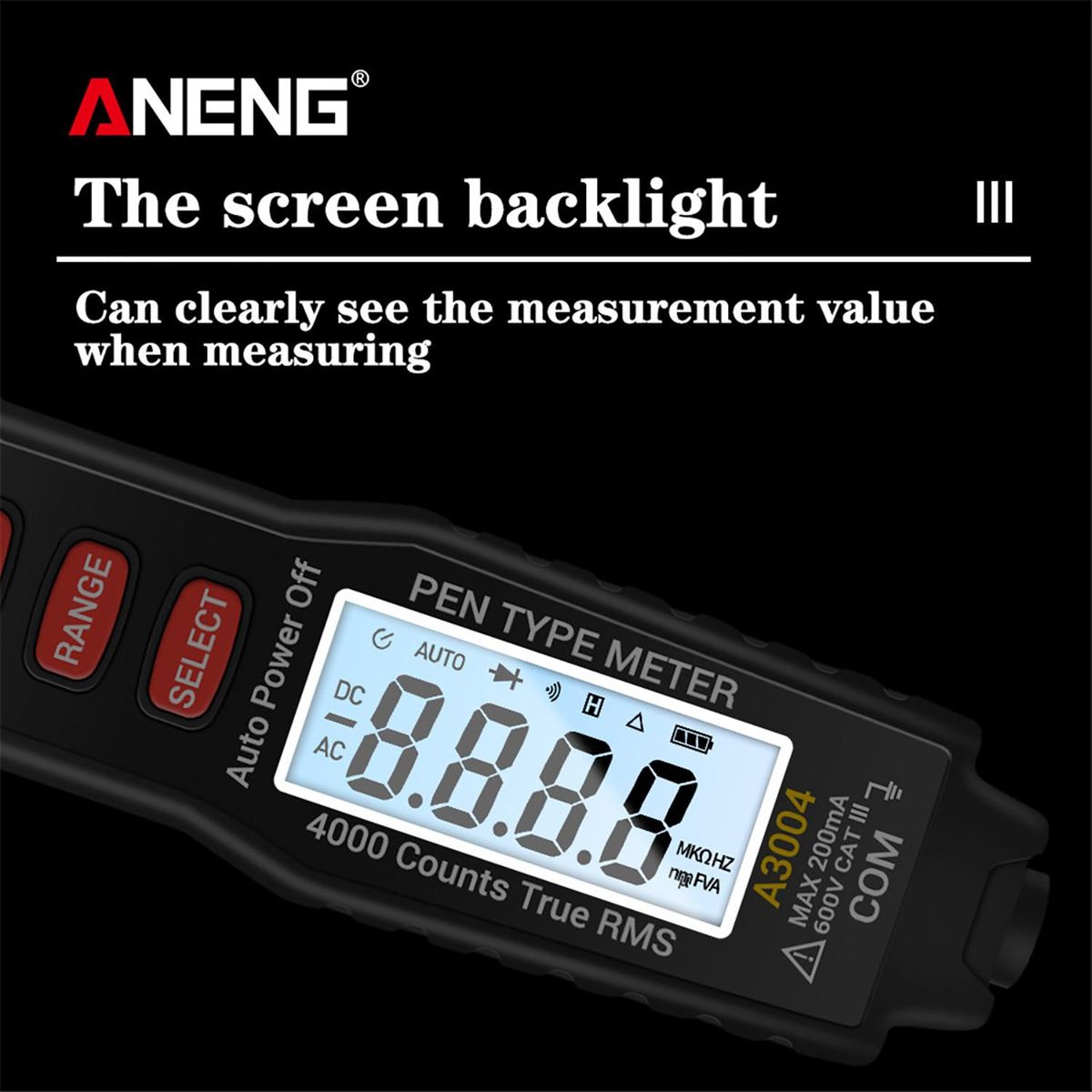 ANENG A3004 Digital Pen Multimeter Auto Range NCV AC/DC Voltmeter Ammeter Ohmmeter Resistance Meter with Capacitance Diode Test Continuity Alarm Backlit LCD Screen with Data Hold Flashlight
