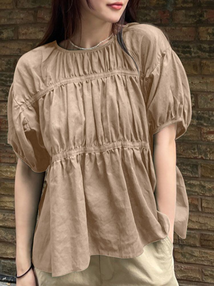 Solid Ruched Cotton Puff Sleeve Round Neck Casual Blouse-Black