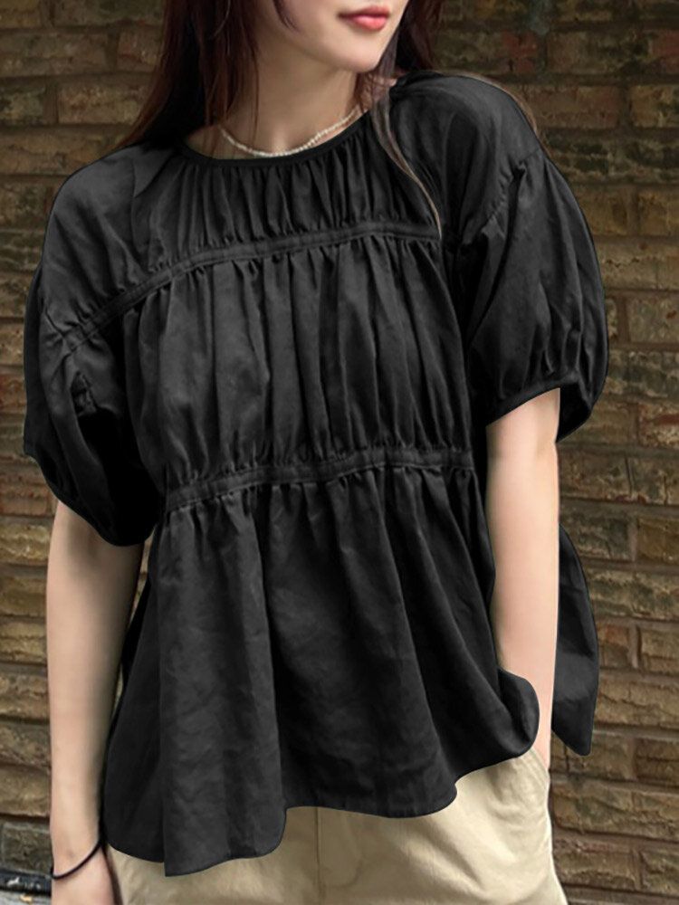 Solid Ruched Cotton Puff Sleeve Round Neck Casual Blouse-Black