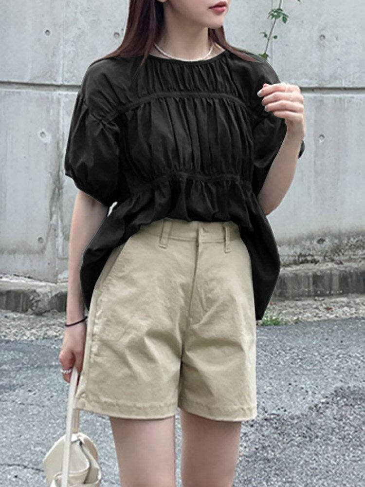 Solid Ruched Cotton Puff Sleeve Round Neck Casual Blouse-Black