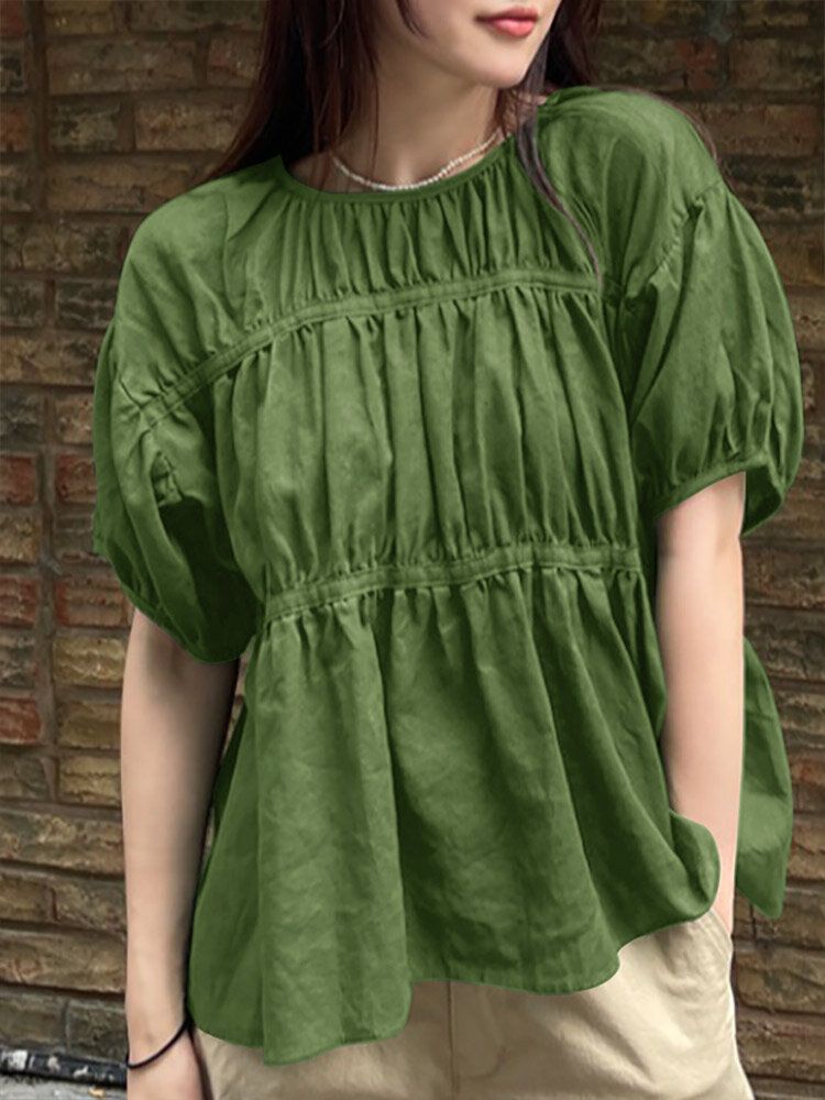 Solid Ruched Cotton Puff Sleeve Round Neck Casual Blouse-Black