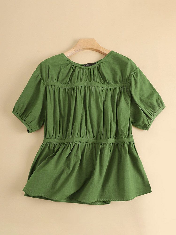Solid Ruched Cotton Puff Sleeve Round Neck Casual Blouse-Black