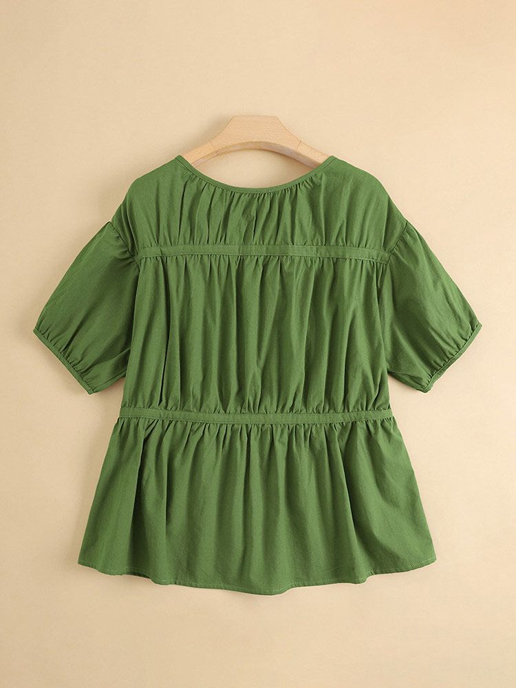 Solid Ruched Cotton Puff Sleeve Round Neck Casual Blouse-Black