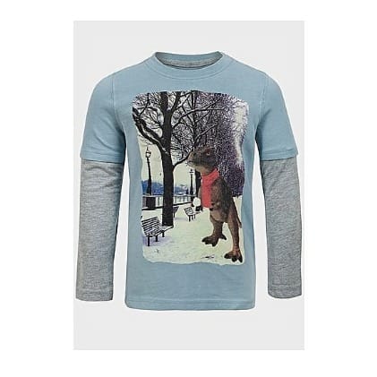 Boys Long Sleeve T-rex T-shirt - Steel Blue