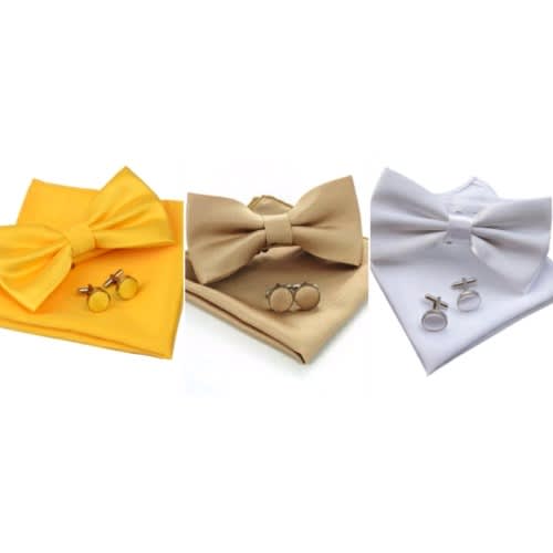 Set Of 3 Silky Bow Ties Pocket Square And Cufflinks -yellow, Brown, White