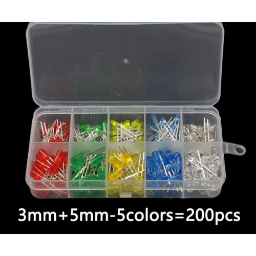 200pcs Light Emitting Diodes, Assorted Kit, White, Green, Red, Blue, Yellow, Orange,  3mm, 5mm