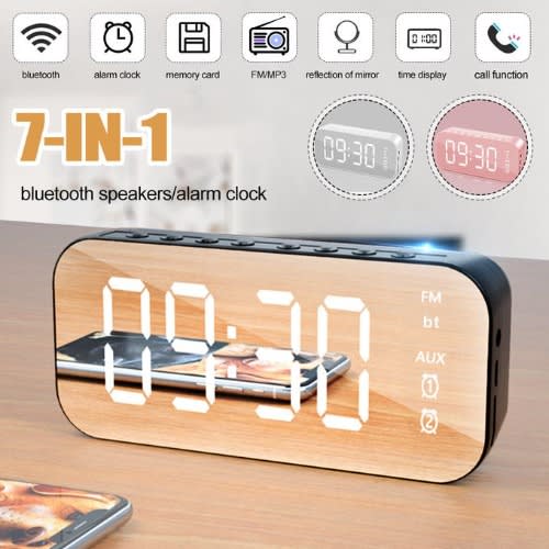 Mirror Digital Mini Alarm Clock Wireless Bluetooth5.0 Speaker, Fm/sd/usb