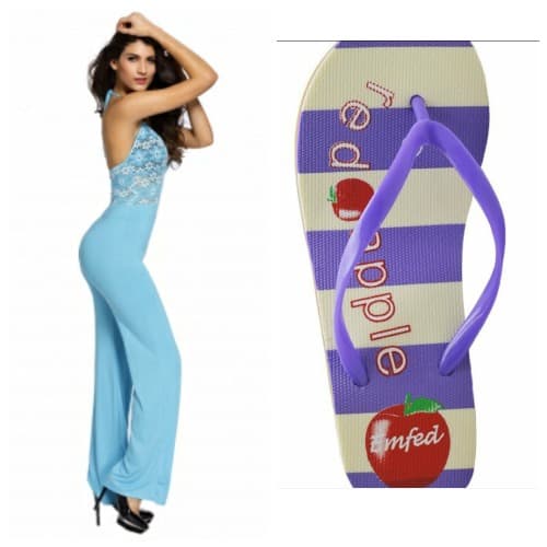 Emfed Self Tie Halterneck Wide Leg Jumpsuit with Free Flip Flop - Light Blue