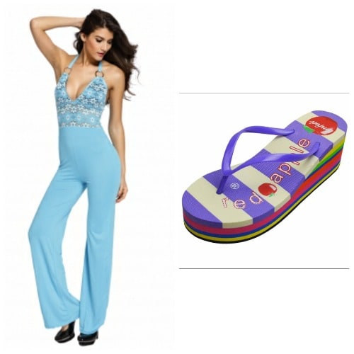 Emfed Self Tie Halterneck Wide Leg Jumpsuit with Free Flip Flop - Light Blue