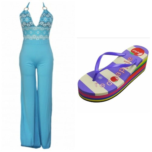 Emfed Self Tie Halterneck Wide Leg Jumpsuit with Free Flip Flop - Light Blue