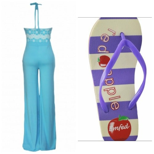 Emfed Self Tie Halterneck Wide Leg Jumpsuit with Free Flip Flop - Light Blue