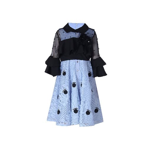 Girls Dress With Lace Jacket & Rose -  Blue