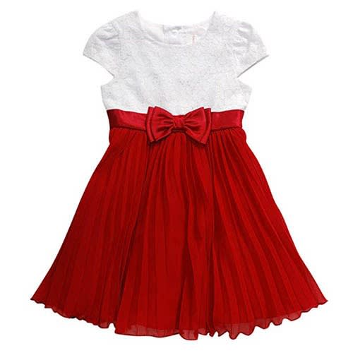 Short Sleeve Textured Knit To Chiffon Accordion Dress, Redwhite