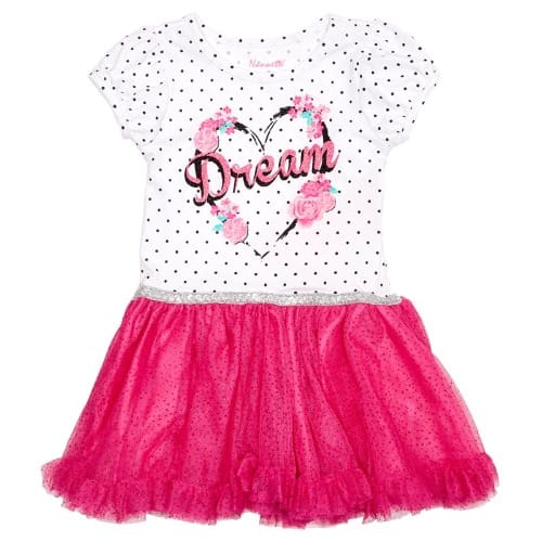 Girls Shimmery Glittering Dream Mesh Dress With Tulle Skirt- White And Pink