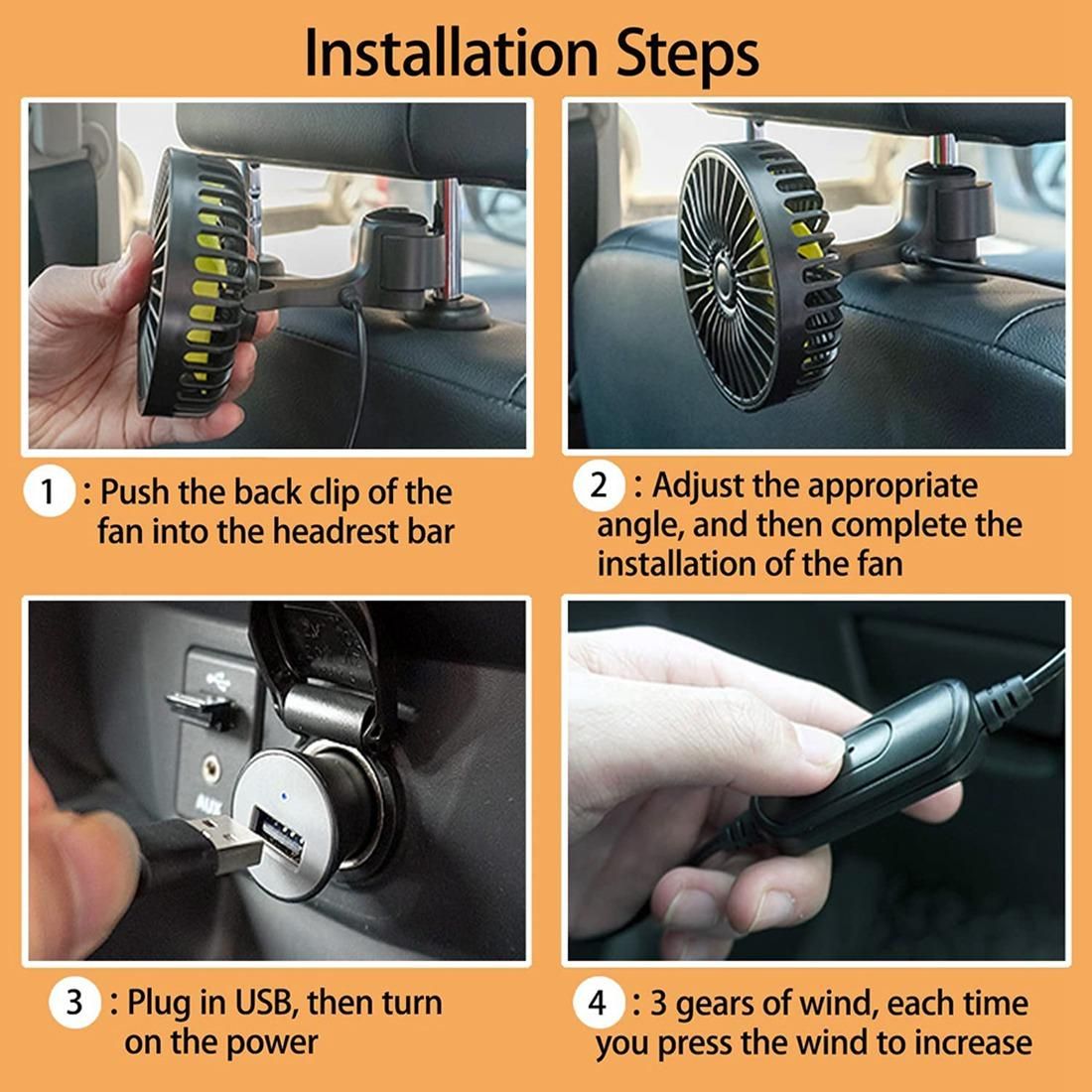 Car Cooling Fan, USB Backseat Auto Rear Seat Fan 3 Speed