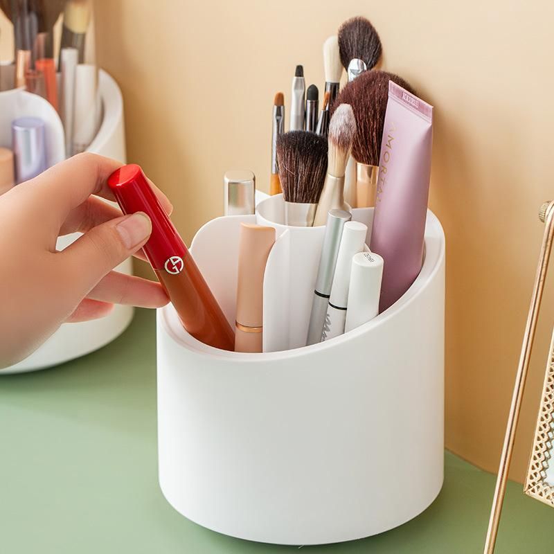 Large-capacity 360 rotating makeup brush storage bucket dressing table eyebrow pencil eye shadow brush dust-proof pen holder storage box with cover Simple white (with dust cover)