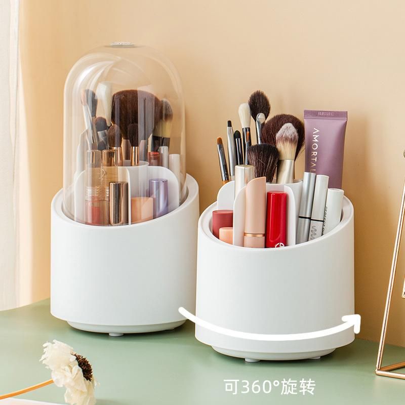 Large-capacity 360 rotating makeup brush storage bucket dressing table eyebrow pencil eye shadow brush dust-proof pen holder storage box with cover Simple white (with dust cover)