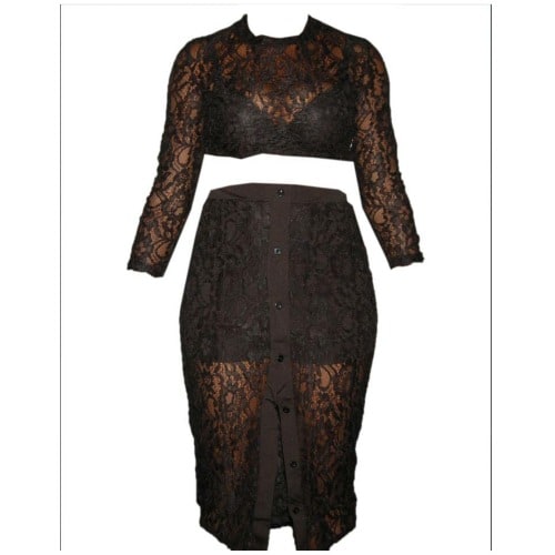Emfed Sheer Lace Crop Top With Midi Split Skirt - Black