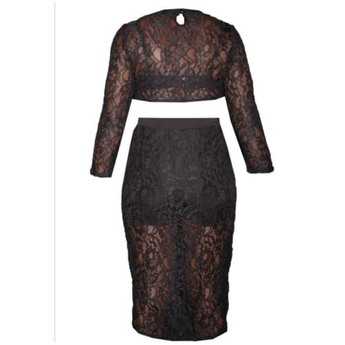 Emfed Sheer Lace Crop Top With Midi Split Skirt - Black