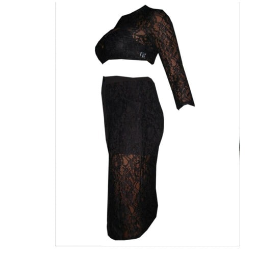 Emfed Sheer Lace Crop Top With Midi Split Skirt - Black