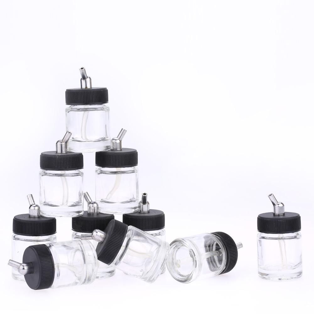 10PCS Airbrush Glass Bottles Air Brush Bottle (Jars) with 30° Angle Adapter Lid Assembly Using on Dual-Action Airbrushes