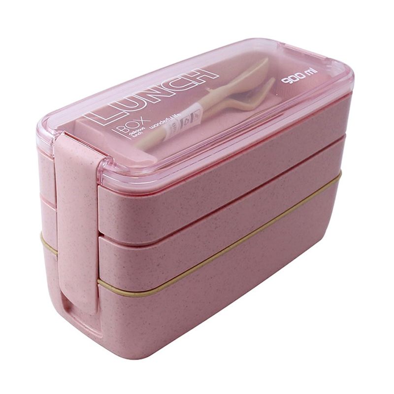 900ml 3 Layers Bento Box Lunch Box Food Container Wheat Straw Material Microwavable Dinnerware Lunchbox(Pink)