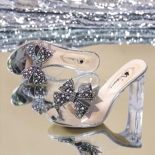 Ladies Rhinestone Bow One Word Transparent Slippers