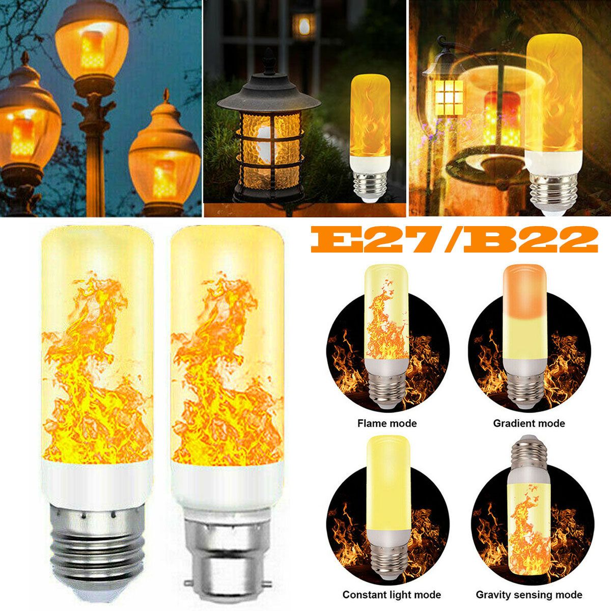 E27 B22 LED Flicker Flame Light Bulb Effect Lamp Gravity Sensor 4 Modes B22
