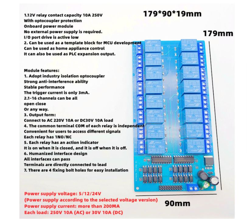 Low Level Trigger Relay Module,5V,16 Channels Optocoupler