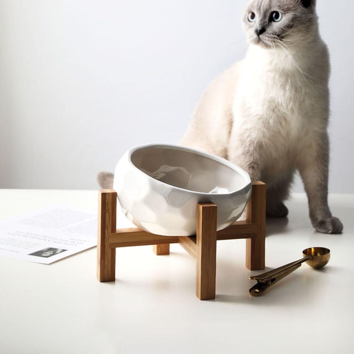 Pet bowl oblique mouth cat bowl food bowl dog bowl method bucket food bowl large capacity high oblique mouth bowl to protect the spine white Diamond oblique bowl + rack