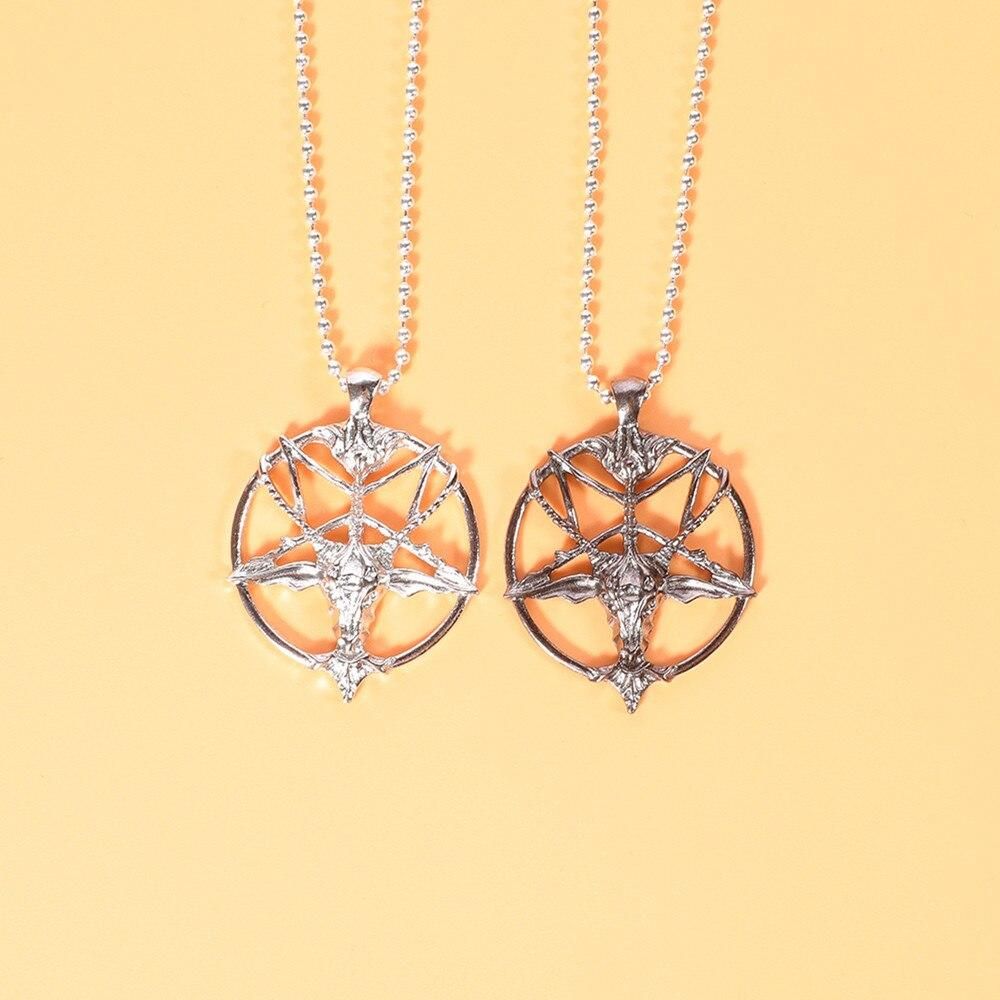 Antique Satanic Pentagonal Goat Skull Necklace Pantheon Circle Pendant