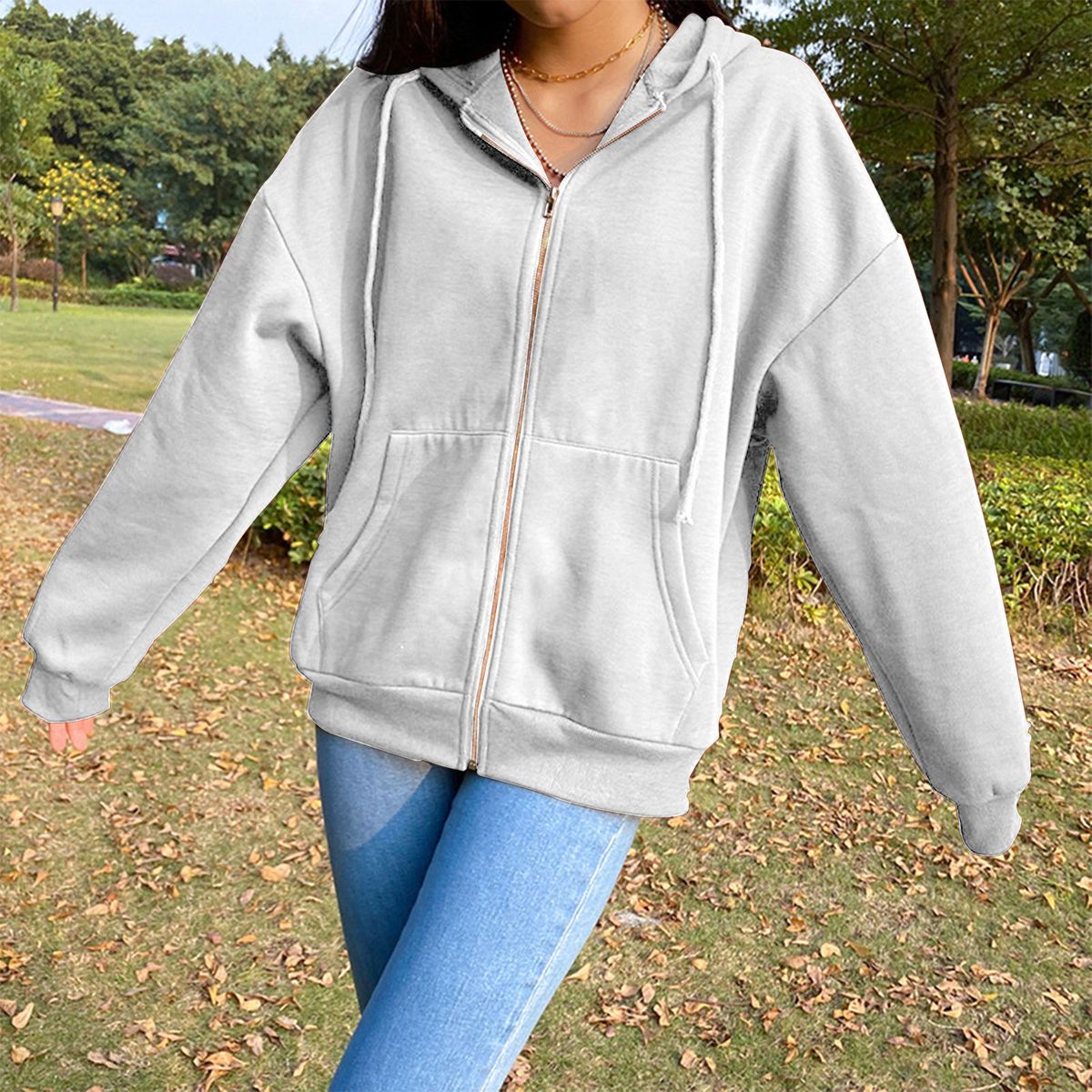 Womens Hoodie Jacket Fashion Lightweight Beige 2XL