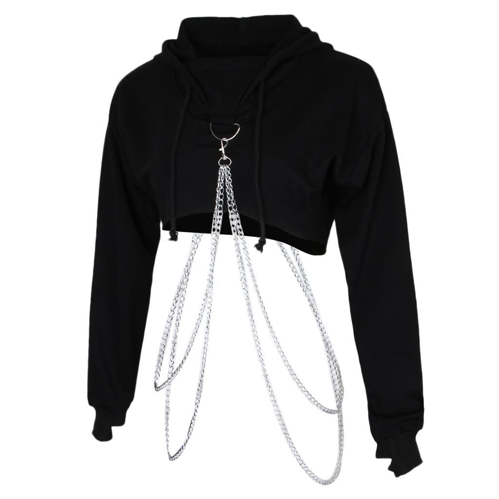 Women Teen Girl Metal Chain Hoodie Crop Top Ong Sleeve Hooded L