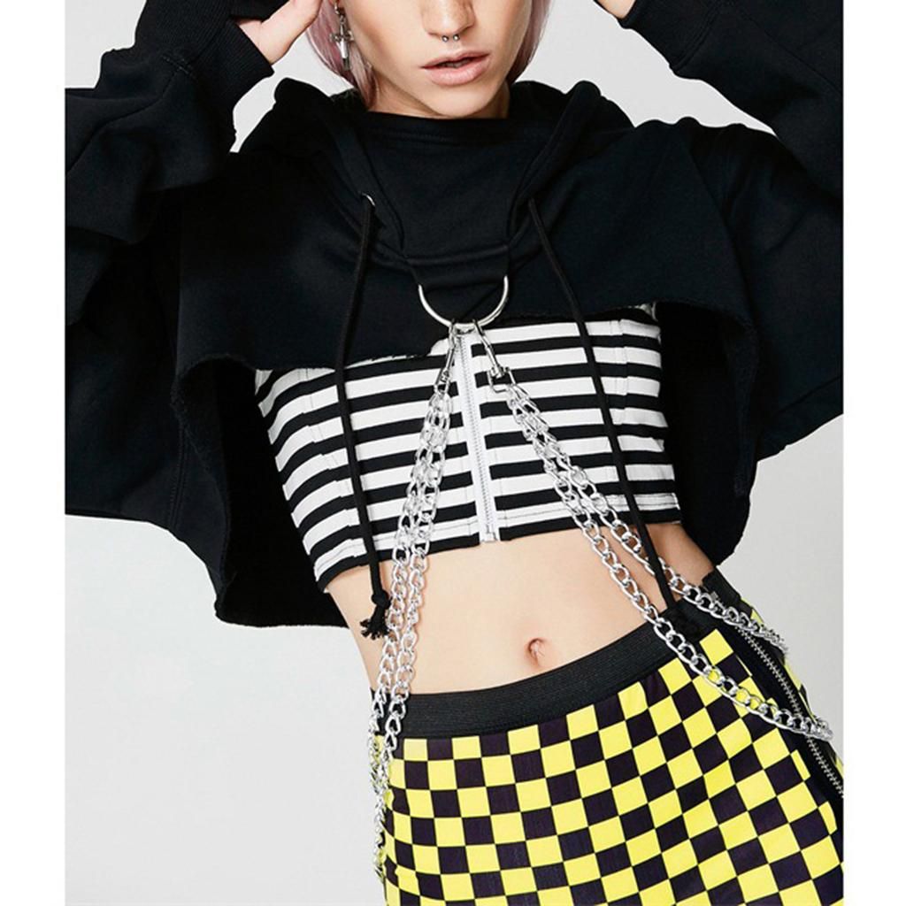 Women Teen Girl Metal Chain Hoodie Crop Top Ong Sleeve Hooded L