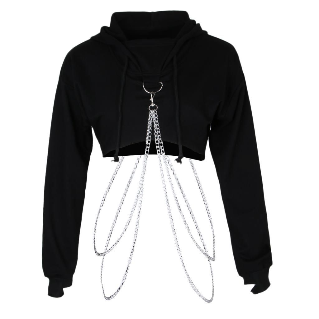 Women Teen Girl Metal Chain Hoodie Crop Top Ong Sleeve Hooded L