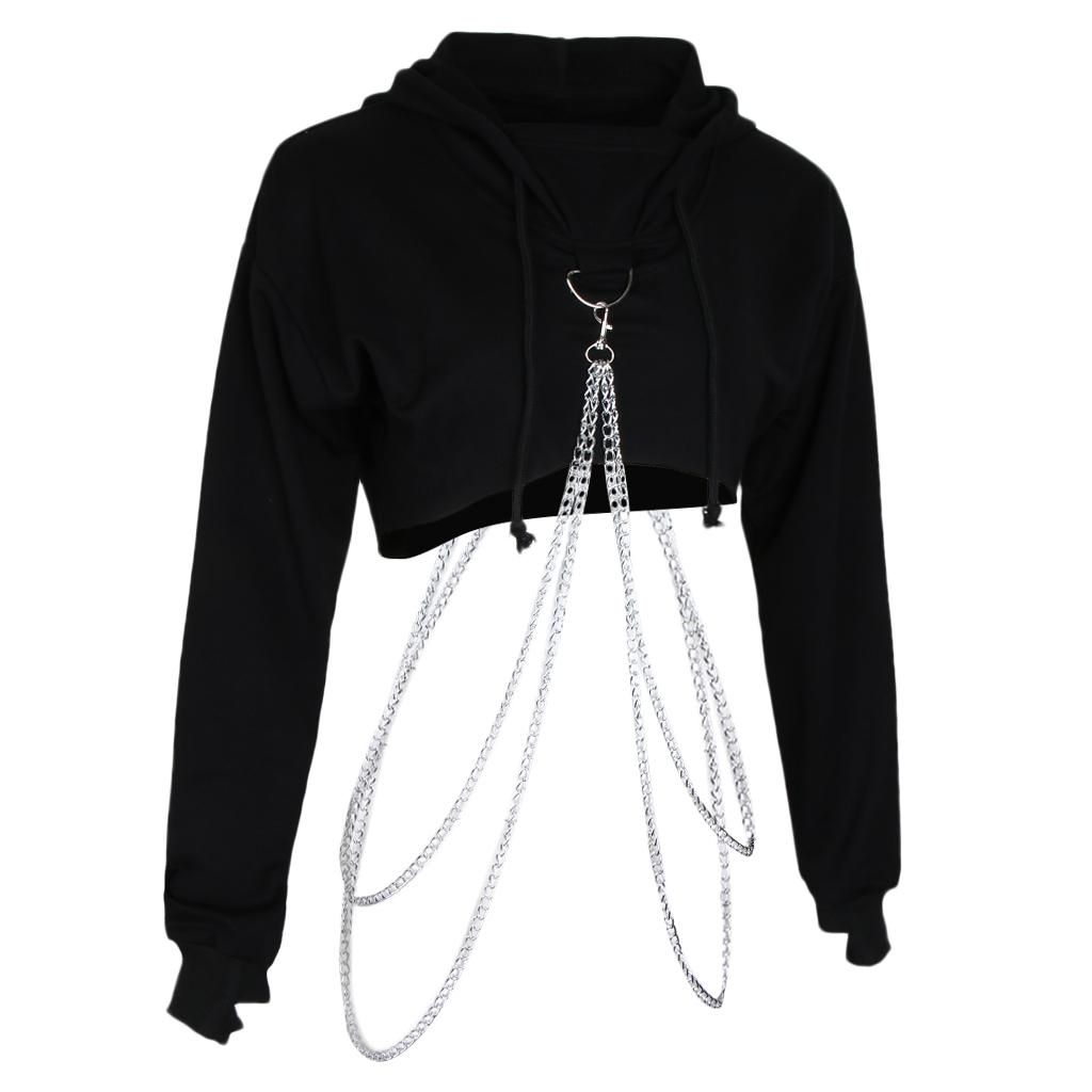 Women Teen Girl Metal Chain Hoodie Crop Top Ong Sleeve Hooded L