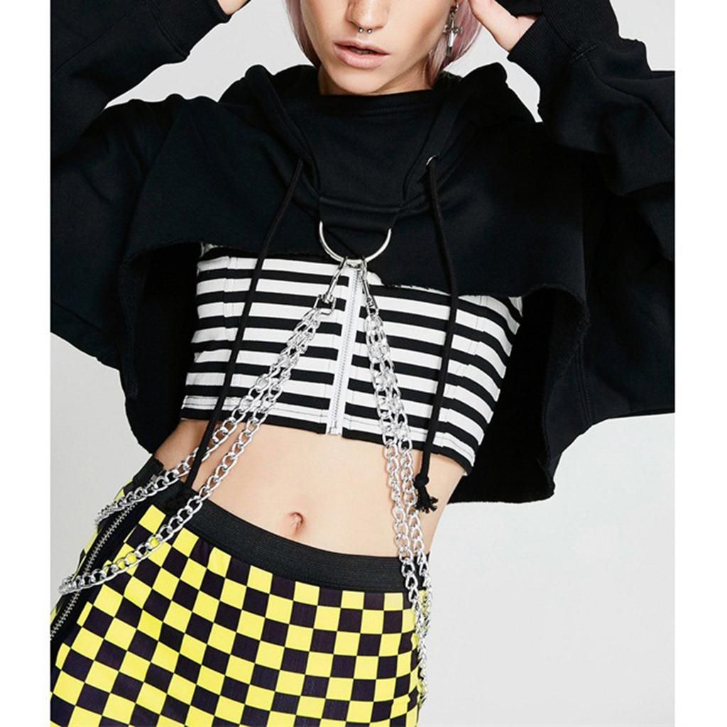 Women Teen Girl Metal Chain Hoodie Crop Top Ong Sleeve Hooded L