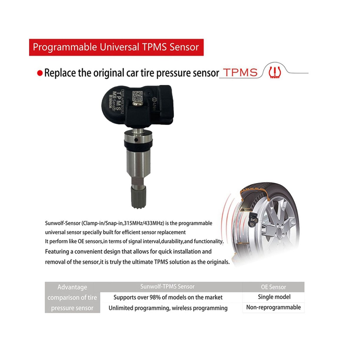 6Pcs Programmable TPMS Sensor 433MHz 315MHZ Tire Pressure