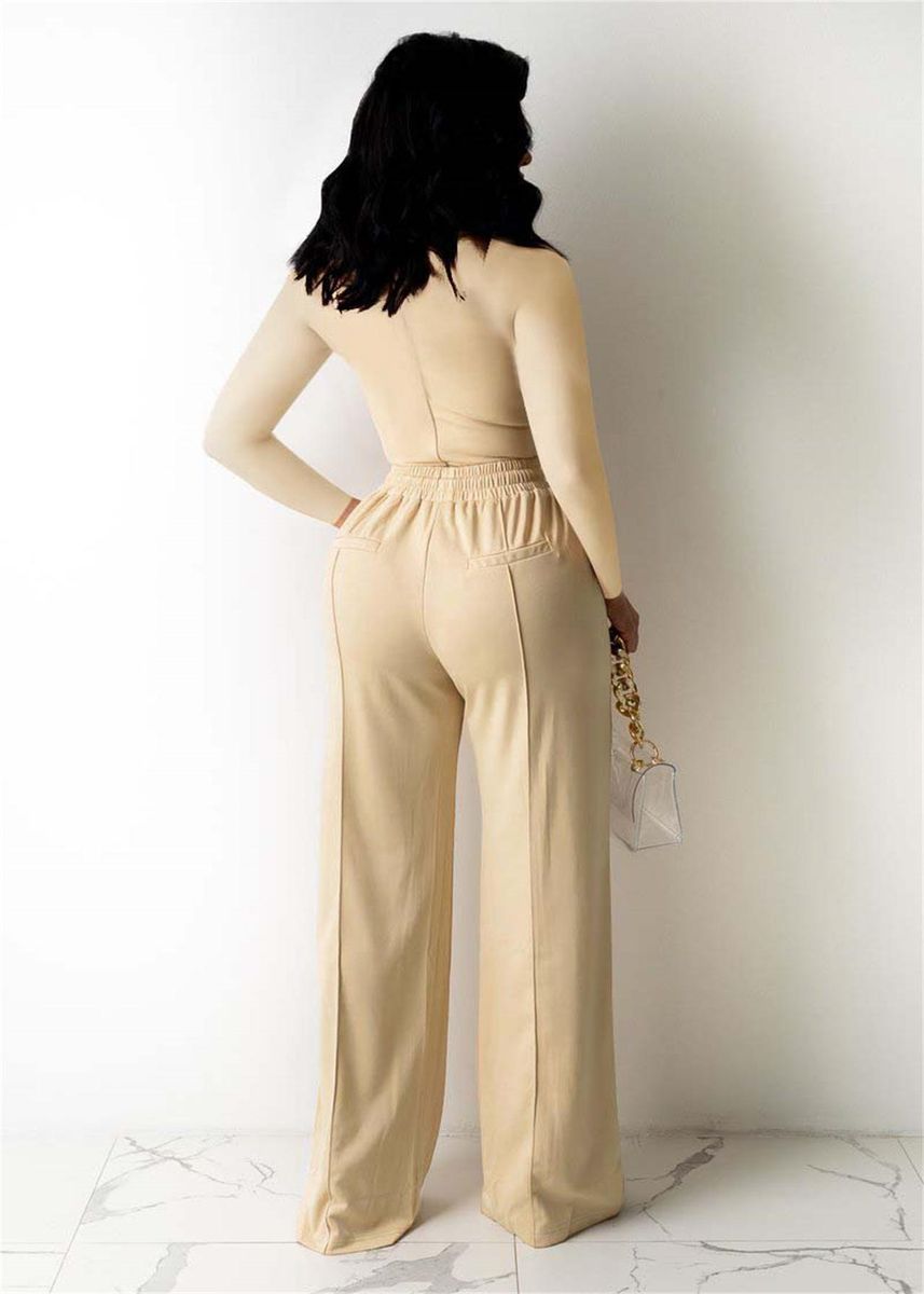 Women's Two-piece Suit New Temperament Casual Solid Color Low-cut Suit Beige
