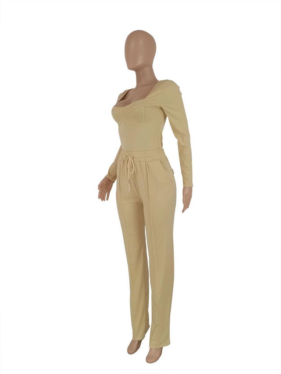 Women's Two-piece Suit New Temperament Casual Solid Color Low-cut Suit Beige